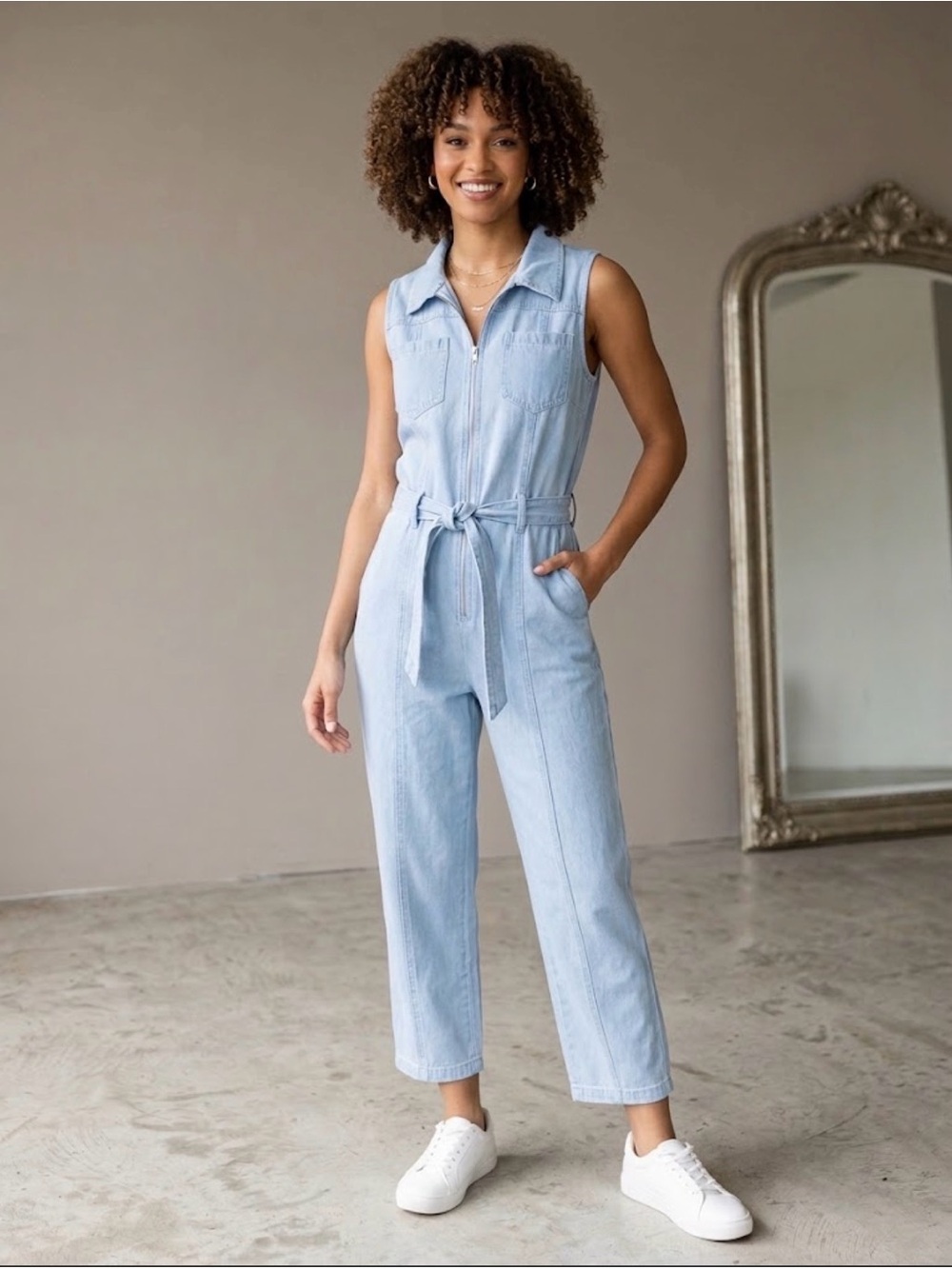 MNG Denim Chambray Belted Jumpsuit  Lightweight Ankle Medium.
